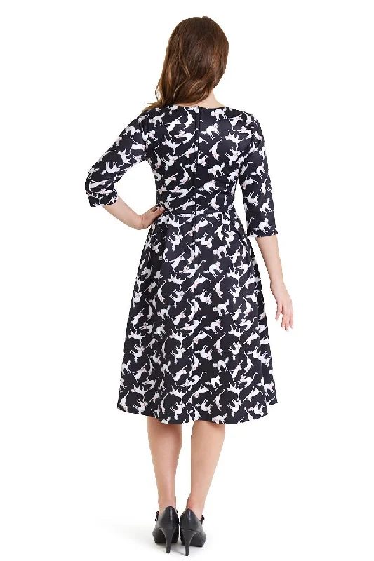 Beatrix Long Sleeved Midi Dress in Black Cat Print