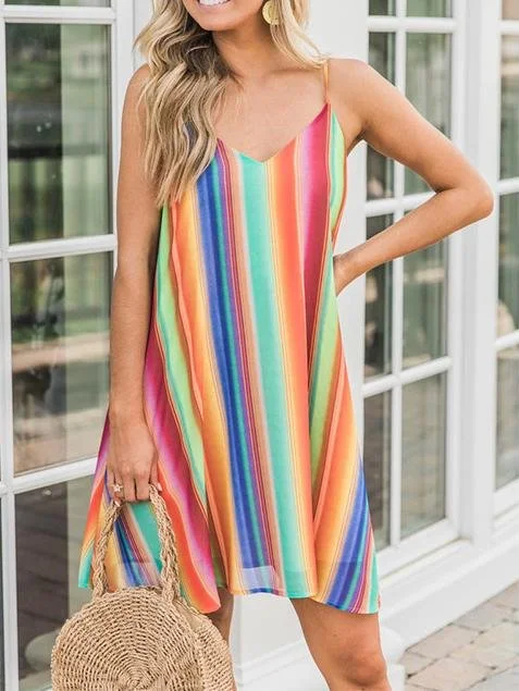 Bohemian Multicolor Striped Chiffon Sleeveless Sling Beach Short Dress