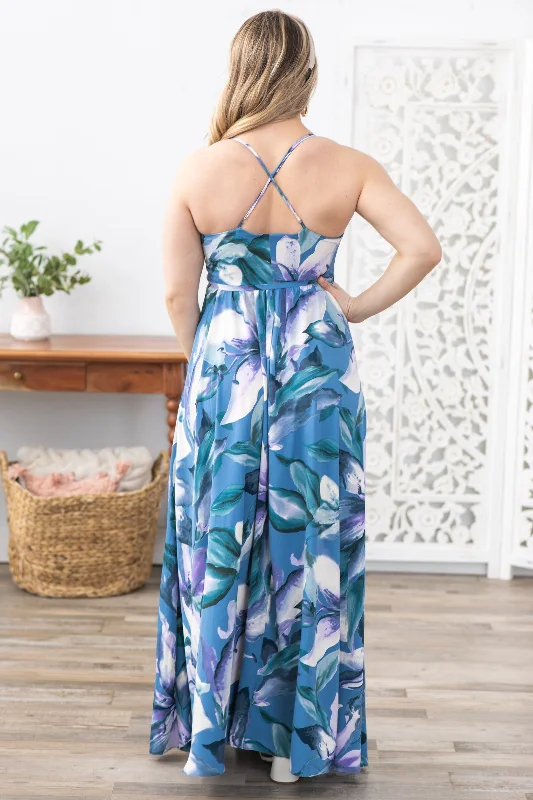 Dusty Blue Floral Wrap Maxi Dress