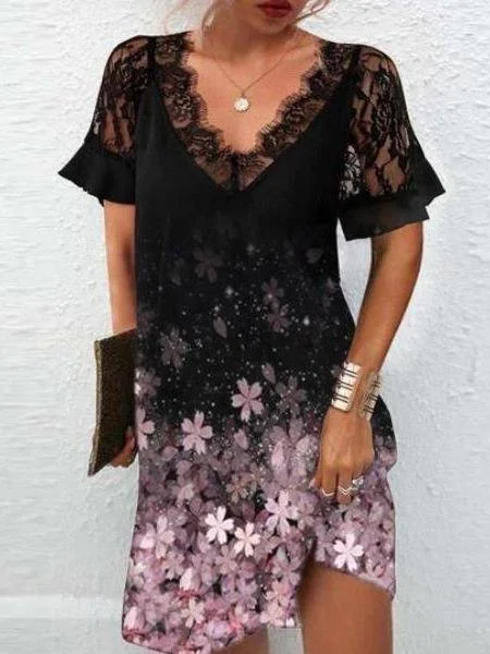 Elegant V-neck Lace Short-sleeved Dress