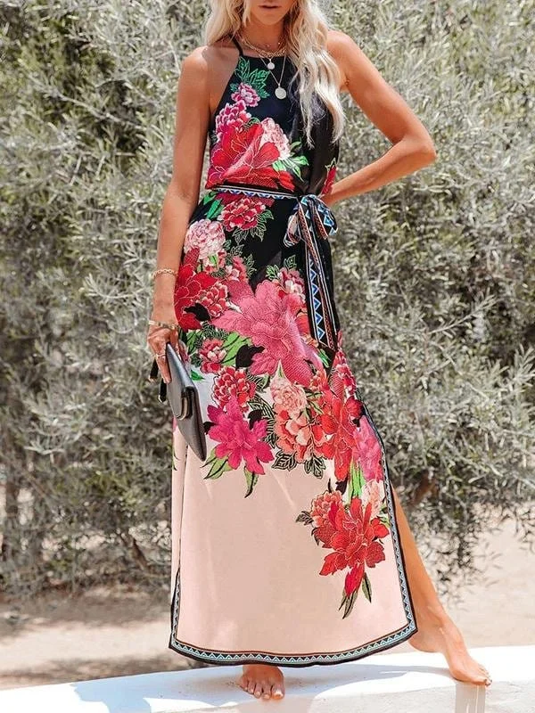 Fashion Printed High-waist Lace-up Halter Dress