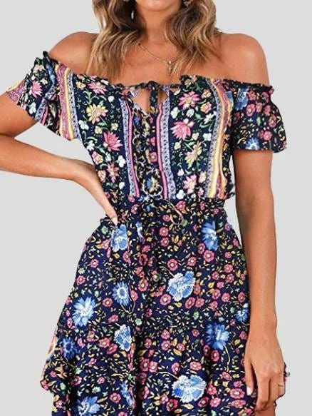 Floral Print Off Shoulder Strapless Dress