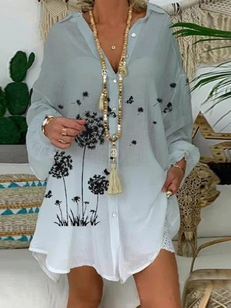 Floral Printing Long-sleeved Shirt Dress