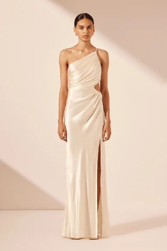 LA LUNE ASYMMETRICAL GATHERED MAXI DRESS - CREAM