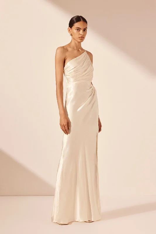 LA LUNE ASYMMETRICAL GATHERED MAXI DRESS - CREAM