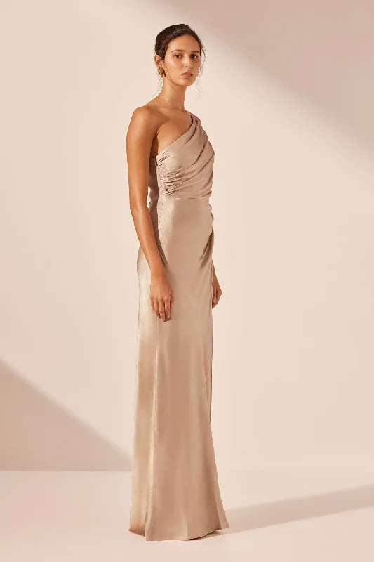 LA LUNE ASYMMETRICAL GATHERED MAXI DRESS - GOLD