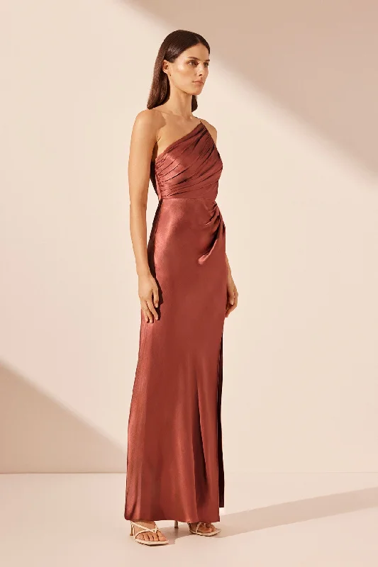 LA LUNE ASYMMETRICAL GATHERED MAXI DRESS - TERRACOTTA