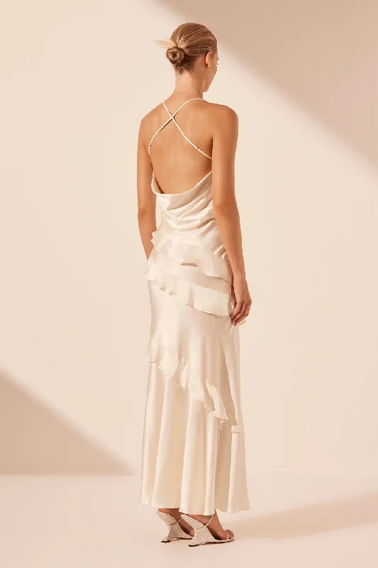 LOUELLA SILK ASYMMETRICAL RUFFLE MAXI DRESS - IVORY