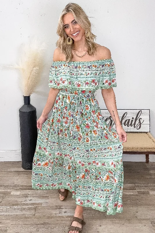 Mint Boho Off The Shoulder Maxi Dress