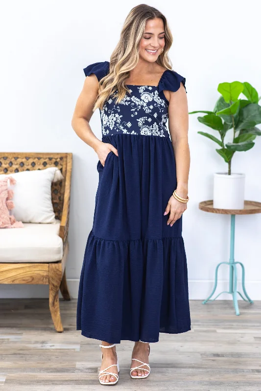 Navy Square Neck Tiered Maxi Dress