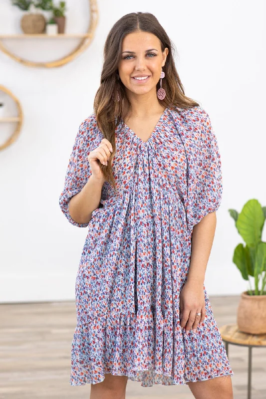 Pastel Blue and Red Floral Print V-Neck Dress