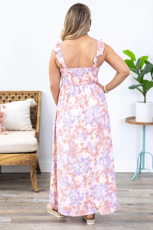 Peach Paisley Floral Smocked Maxi Dress