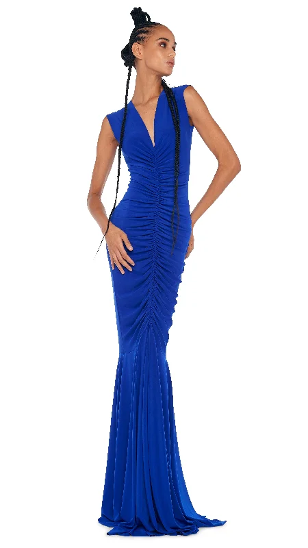 DEEP V NECK SHIRRED FISHTAIL GOWN