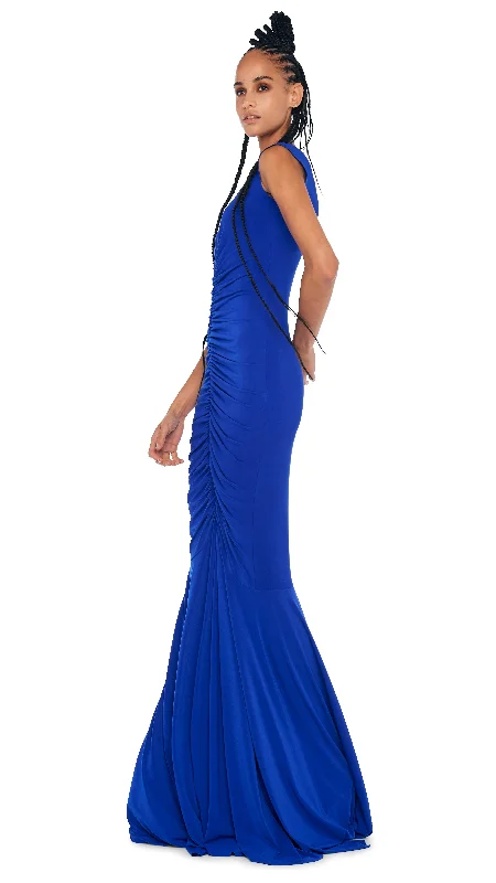 DEEP V NECK SHIRRED FISHTAIL GOWN