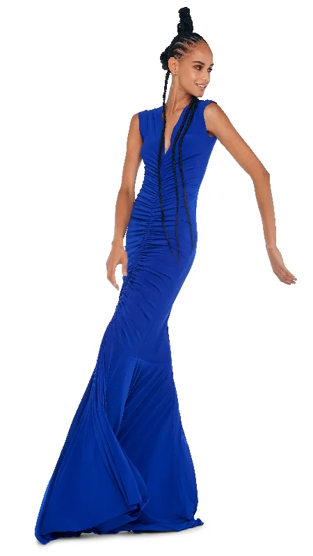 DEEP V NECK SHIRRED FISHTAIL GOWN