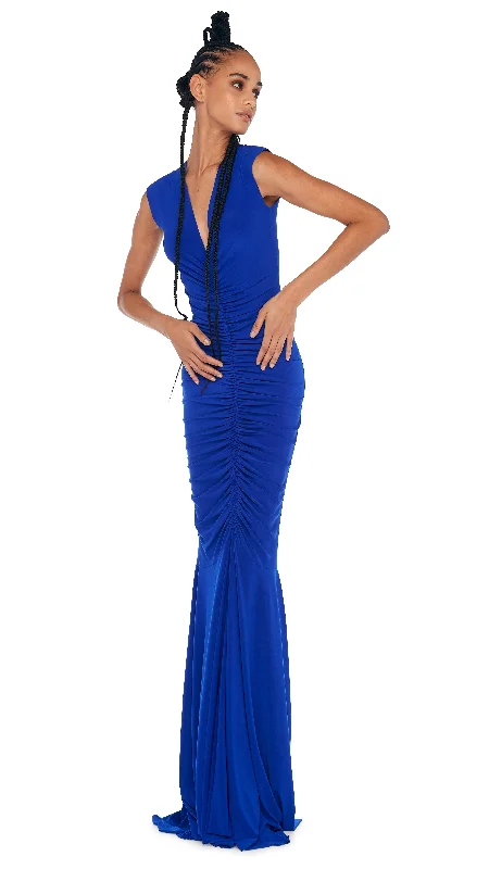 DEEP V NECK SHIRRED FISHTAIL GOWN