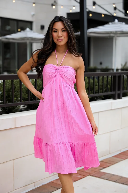 FINAL SALE - Sunny Serenity Pink Halter Midi Dress