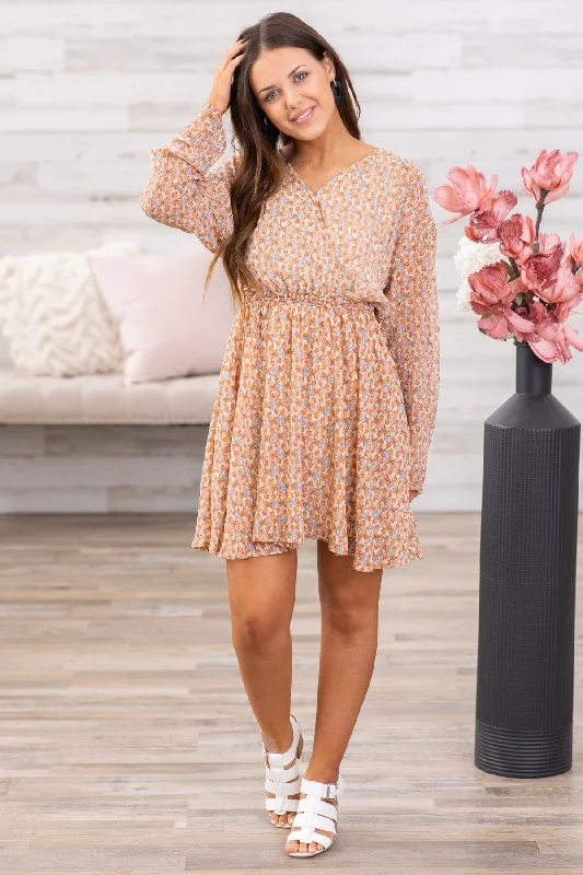 Tan Surplice Front Floral Long Sleeve Dress