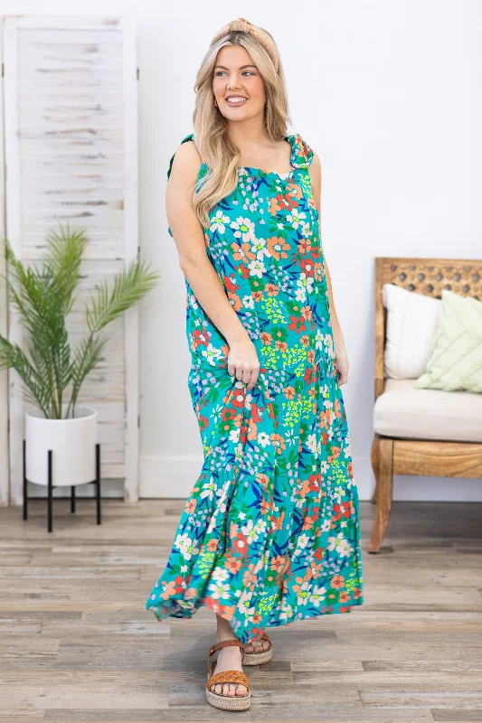 Teal Multicolor Floral Print Maxi Dress