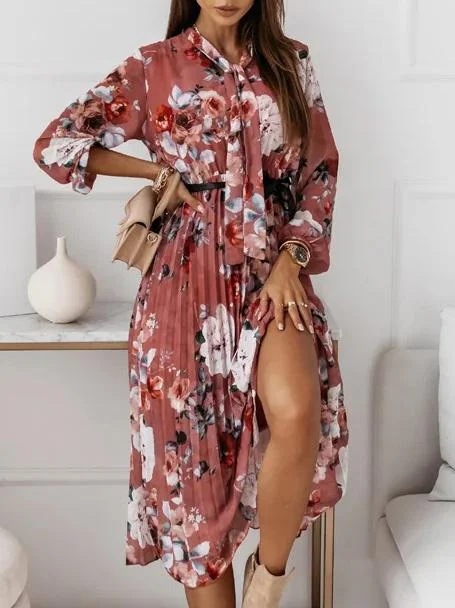 Women's Dresses Belted Chiffon Long Sleeve Floral  Pleated Dress