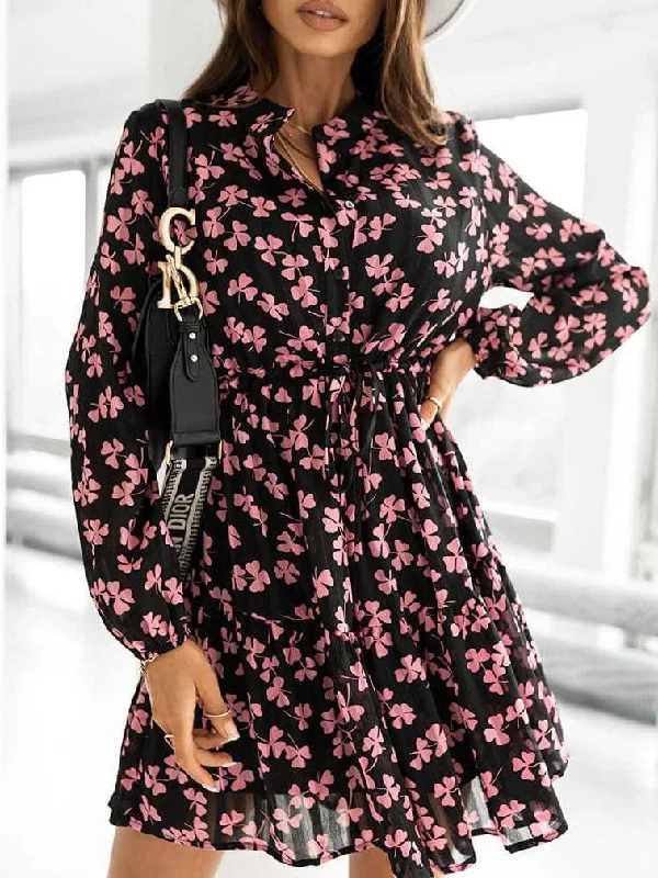 Women's Dresses Long Sleeve Button Print Mini Dress