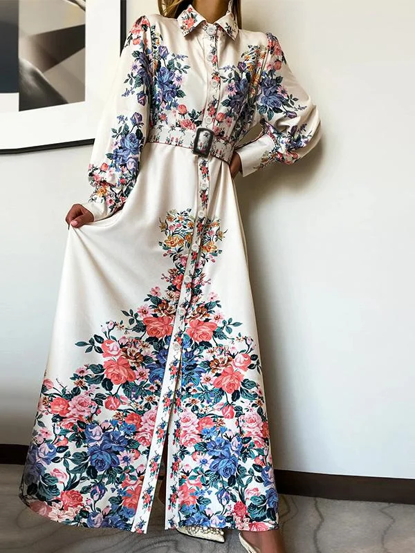 Women's Dresses Temperament Floral Print Long Sleeve Shirt Dress