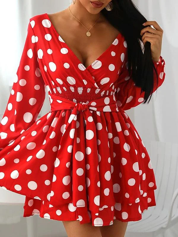 Women's Dresses V-Neck Polka Dot Long Sleeve Mini Dress