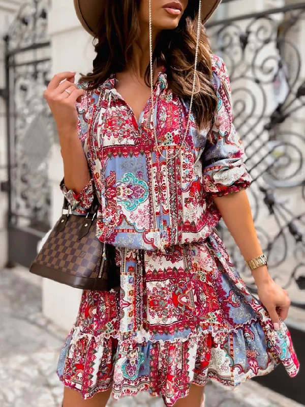 Women's Dresses Vintage Print V-Neck Long Sleeve Dress