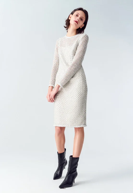 Elegant Silver Lace Long-sleeved Midi Dress