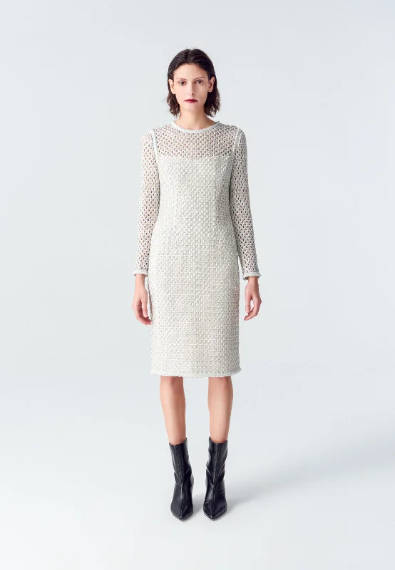 Elegant Silver Lace Long-sleeved Midi Dress