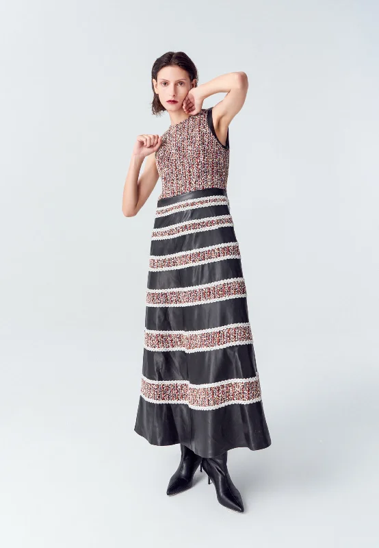 Tweed-Leather Striped Sleeveless Maxi Dress