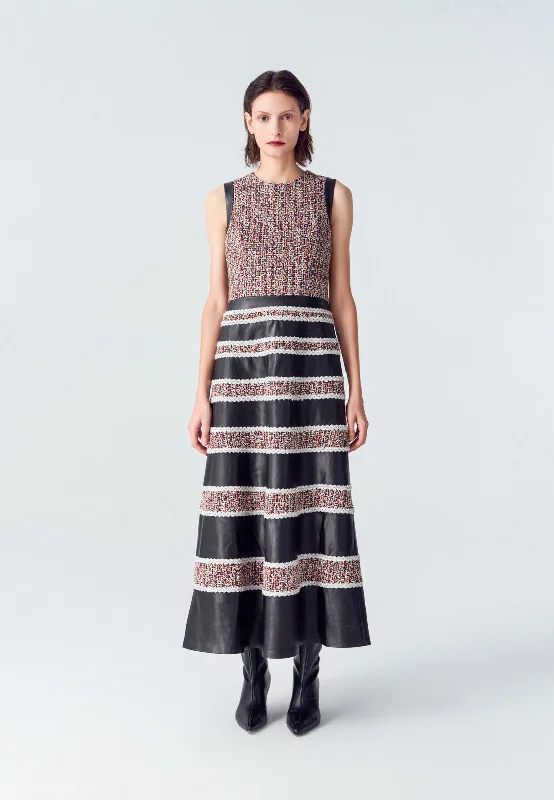 Tweed-Leather Striped Sleeveless Maxi Dress