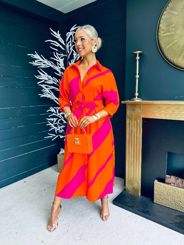 Adriana Belted Shirt Dress Orange & Pink