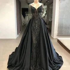 Black Robe De Soiree A-line Spaghetti Straps Appliques Long Prom Dresses Prom Gown Evening Dresses M5768