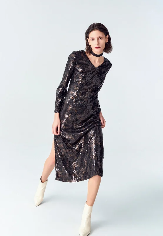 Black V-neck Sequin Long-sleeved Dress