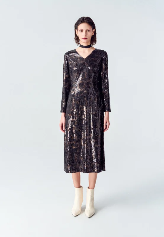 Black V-neck Sequin Long-sleeved Dress