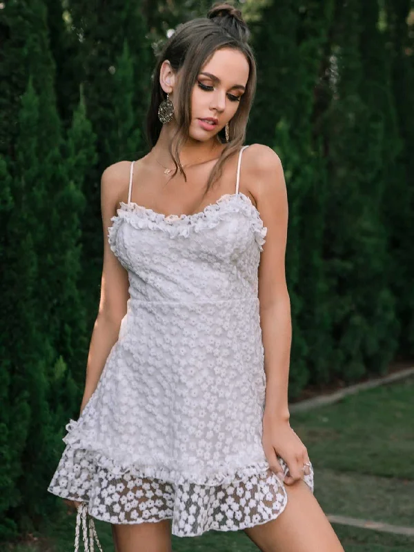 MegaBetty - Frill Trim Embroidered lace Mesh Cami Dress