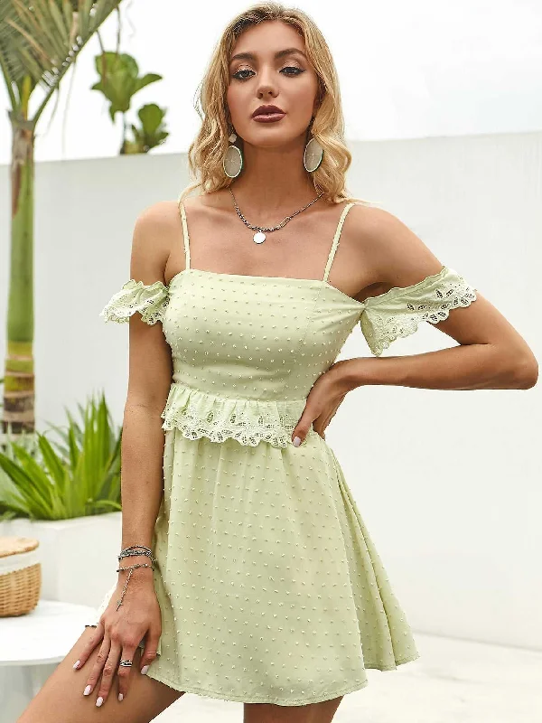 MegaBetty - Off Shoulder Ruffle Detail Lace Trim Cami Dress