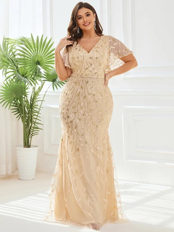 Fashion Plus Size Deep V Neck Wholesale Sequin & Tulle Evening Dress