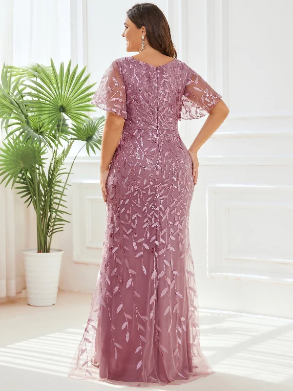 Fashion Plus Size Deep V Neck Wholesale Sequin & Tulle Evening Dress