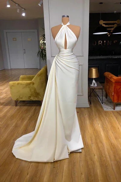 IVORY HALTER LONG EVENING PROM DRESS WITH SPLIT DETACHABLE TRAIN M5872