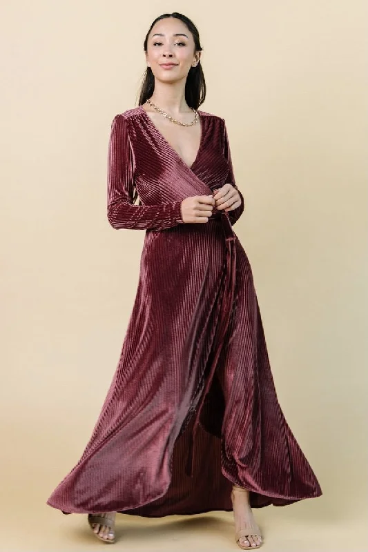 Jada Ribbed Velvet Wrap Dress | Dark Rose