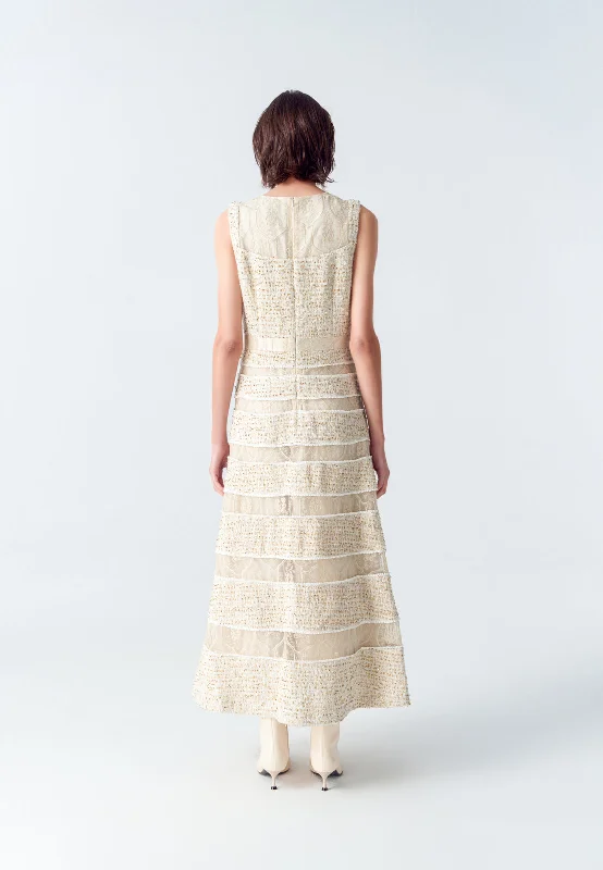 Tweed-Lace Striped Sleeveless Maxi Dress