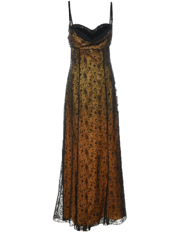 Black & Gold Devore Design Evening Dress - M