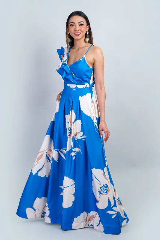 Blue Ivory One Ruffle Straps Gown