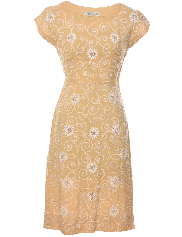 Floral Print Pale Yellow & White 1950s Dress - M