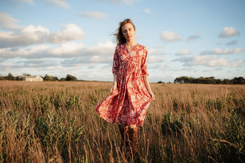 Handblock Print Dress - Red Floral Cotton Dress