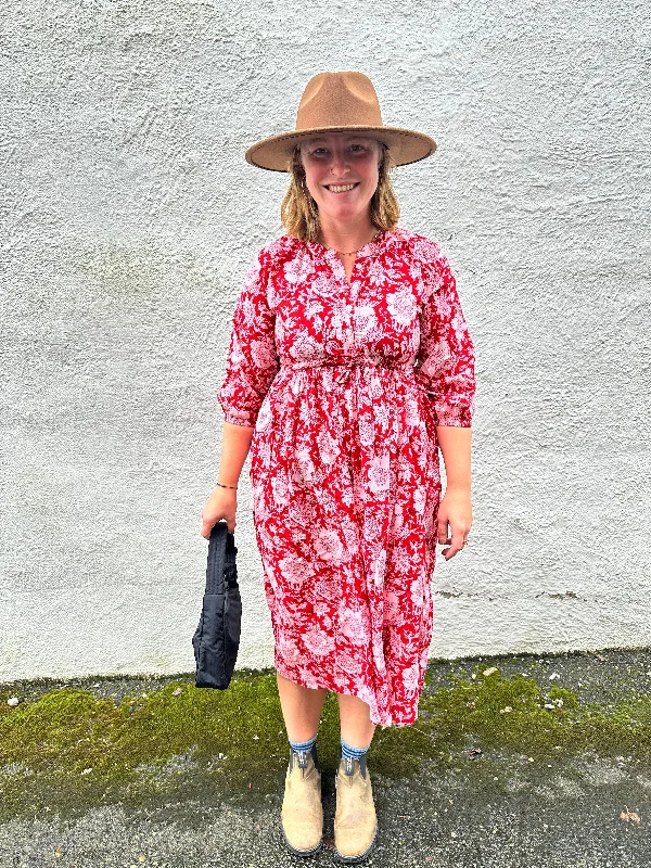 Handblock Print Dress - Red Floral Cotton Dress