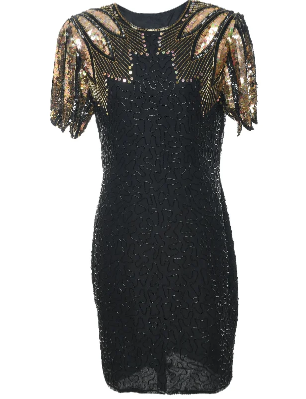 Silk Black & Gold Sequined Evening Dress  - L