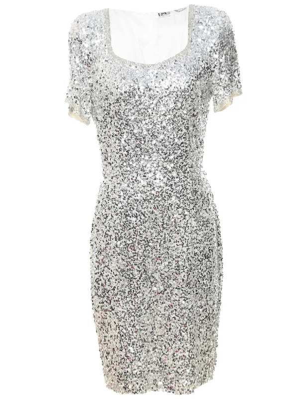 Silk Silver & White Sequined Evening Dress - M